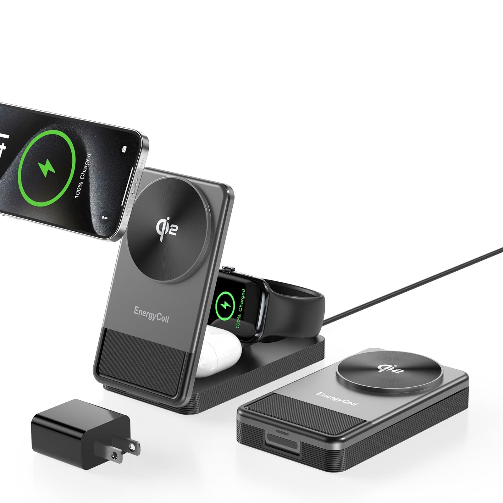 Qi2 3 in 1 Wireless Charging Station for Apple, 15W Wireless Travel Charger for iPhone 16/15/15 Pro/14/13/12, Apple Watch, Airpods, Fast Charger for Multiple Devices Apple