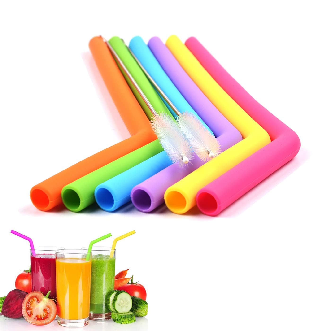 UlikeLF 6 Pcs Reusable Silicone Straws Extra Long 10 inch Smoothie Drinking Straws BPA Free for 20 & 30 oz Tumbler (6 Bent + 2 Brushes)