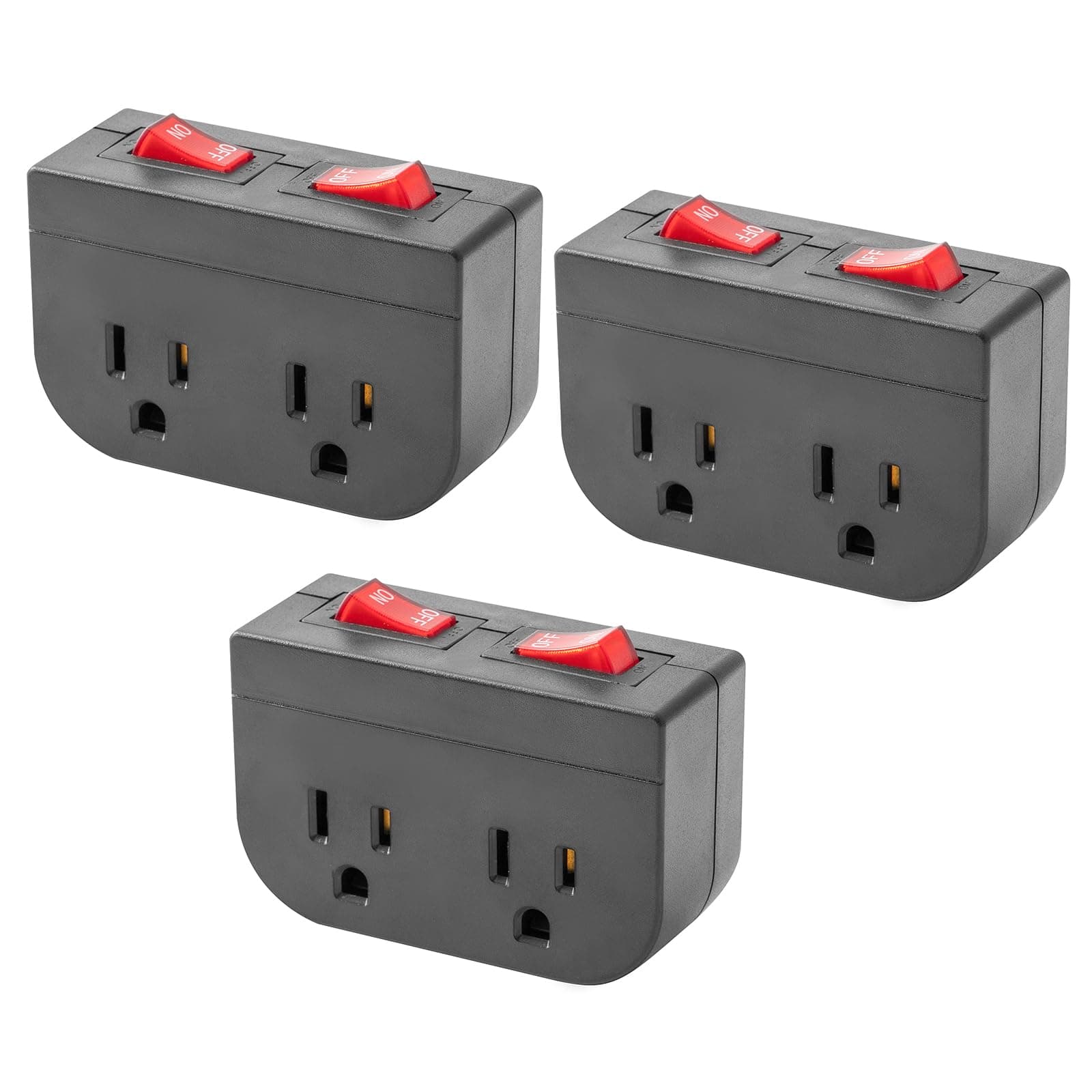 Grounded Outlet with On Off Switch, Double Port Electrical Outlet Plug Switch, for Cruise Ship, Hard-to-Reach Lamps, Kitchen Appliances, Energy Efficient, 1875W/15A, ETL Listed, Black, 3 Pack