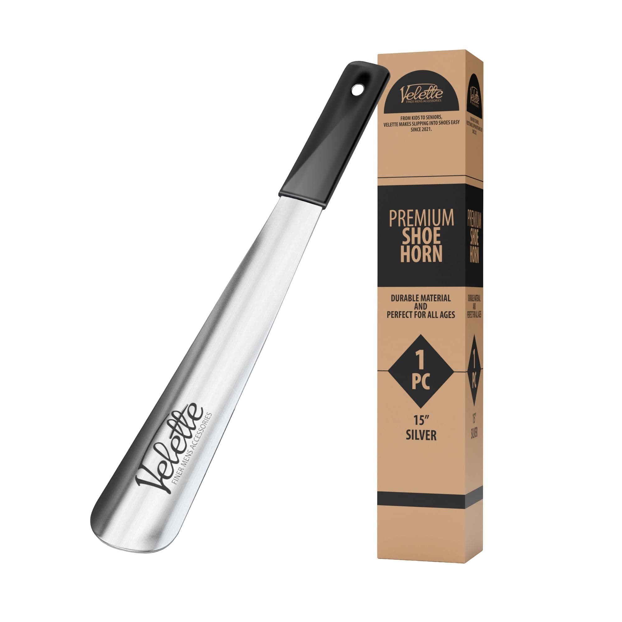 Velette Metal Shoe Horn Long Handle for Seniors - 15" Long Shoe Horns for Men, Women and Kids - Boot Horns, Shoehorn Long-Handle, Shoes Spoon, Stick Helper for Cowboy Boots, Sneakers, Dress Shoes