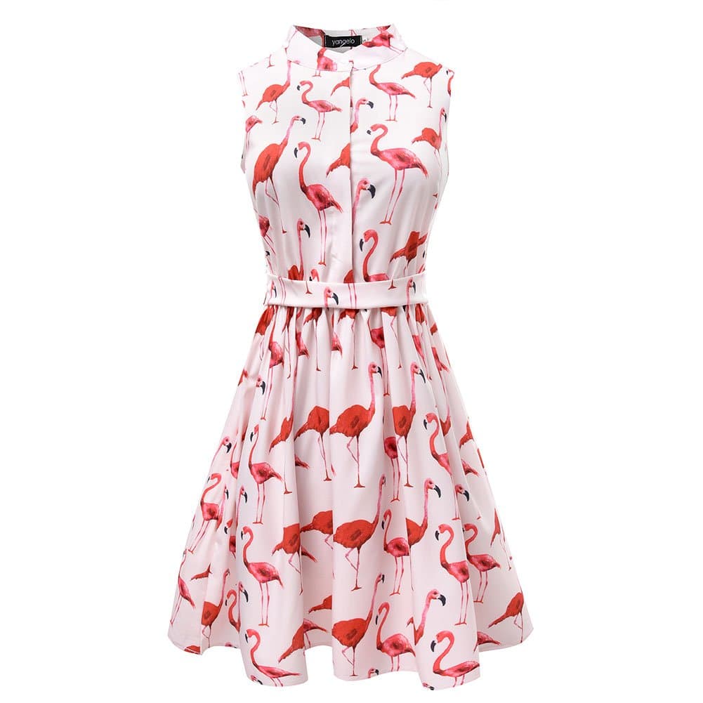 Women Cute Flamingo Fun Flare Prints Flowy A-line Party Cocktail Causal Dresses Pink