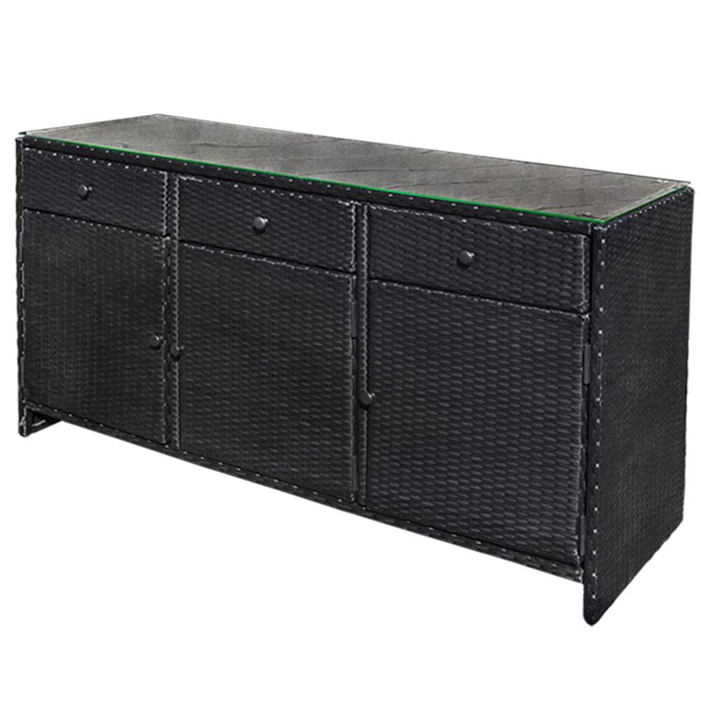 DBM IMPORTS Black Outdoor/Indoor 3 Drawers Wicker Rattan Storage Cabinet Buffet Counter