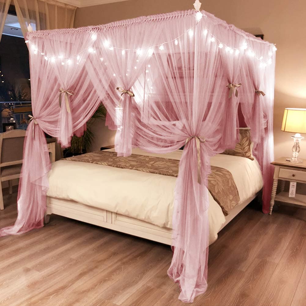 Joyreap 4 Corners Post Pink Canopy Bed Curtain for Girls & Adults - Royal Luxurious Cozy Drapes - Cute Princess Bedroom Decoration Accessories (47" W x 78" L, Twin)