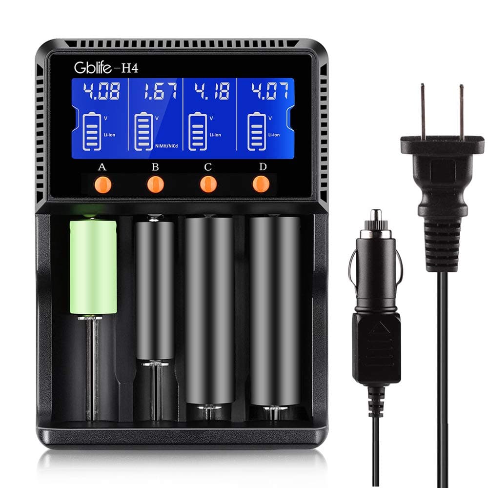Battery Charger for 18650, GBlife Universal Smart Battery Chargers with Car Adapter/LCD Display for Rechargeable Batteries Ni-MH Ni-Cd A AA AAA AAAA C, LiFePO4 Li-ion 26650 26500 18490