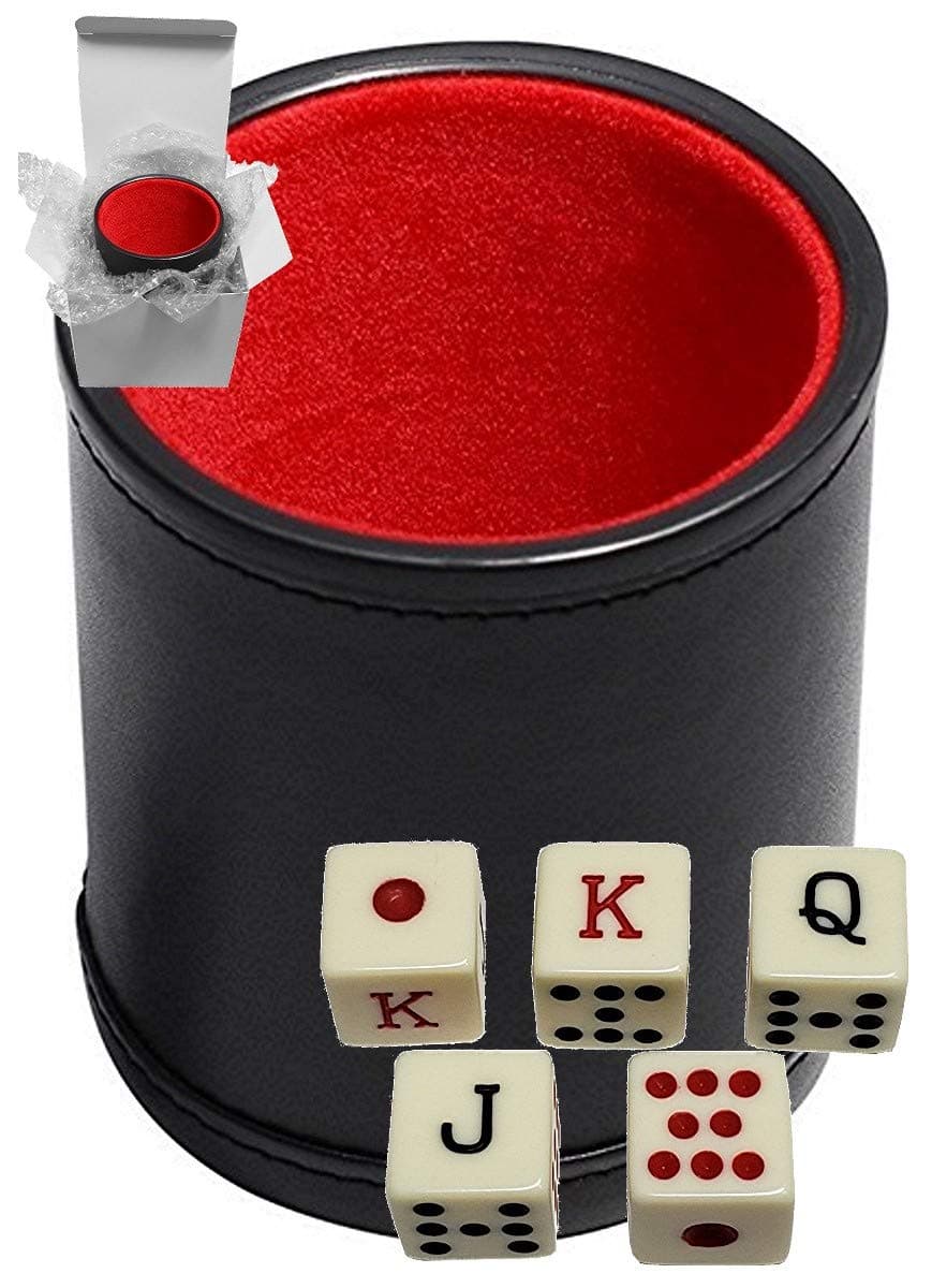 Set of 16mm Poker Dice Squared Corners and Black PU Leather Dice Cup Plush Velvet Lined - Gift Boxed (Spanish Poker (Ivory), Black/Red Cup)