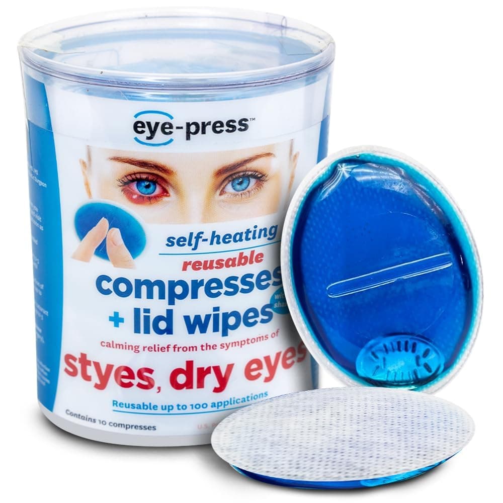 Eye Press Self Heating Compress and Lid Wipes, Stye Treatment, Dry s, Chalazia, Blepharitis and Post Surgery Relief, Soothing Moist Heat and Cleansing, 10 Reusable Pads