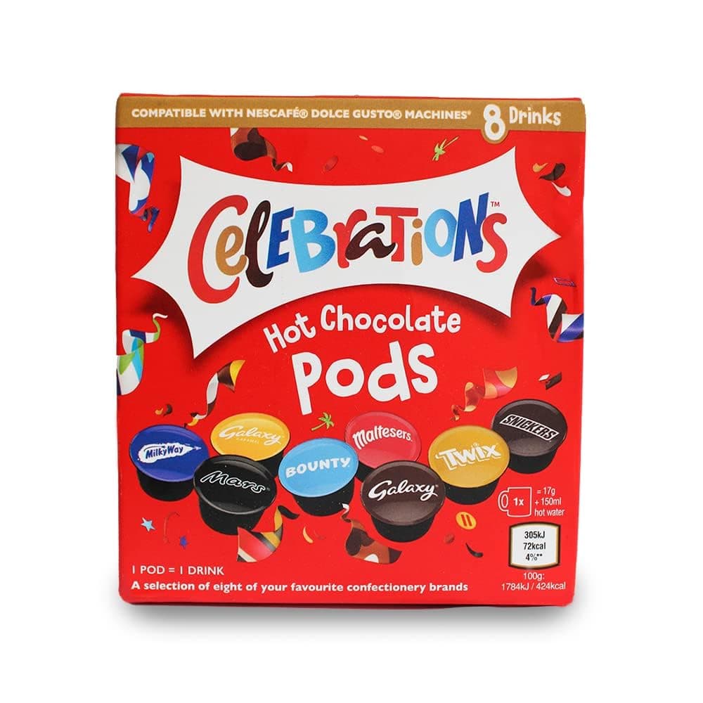 Celebrations Hot Chocolate Dolce Gusto Compatible Pods - Twix, Mars, Bounty, Snickers, Galaxy, Malteser, Milky Way & Galaxy Caramel Flavors - 1 Box, 8 Capsules