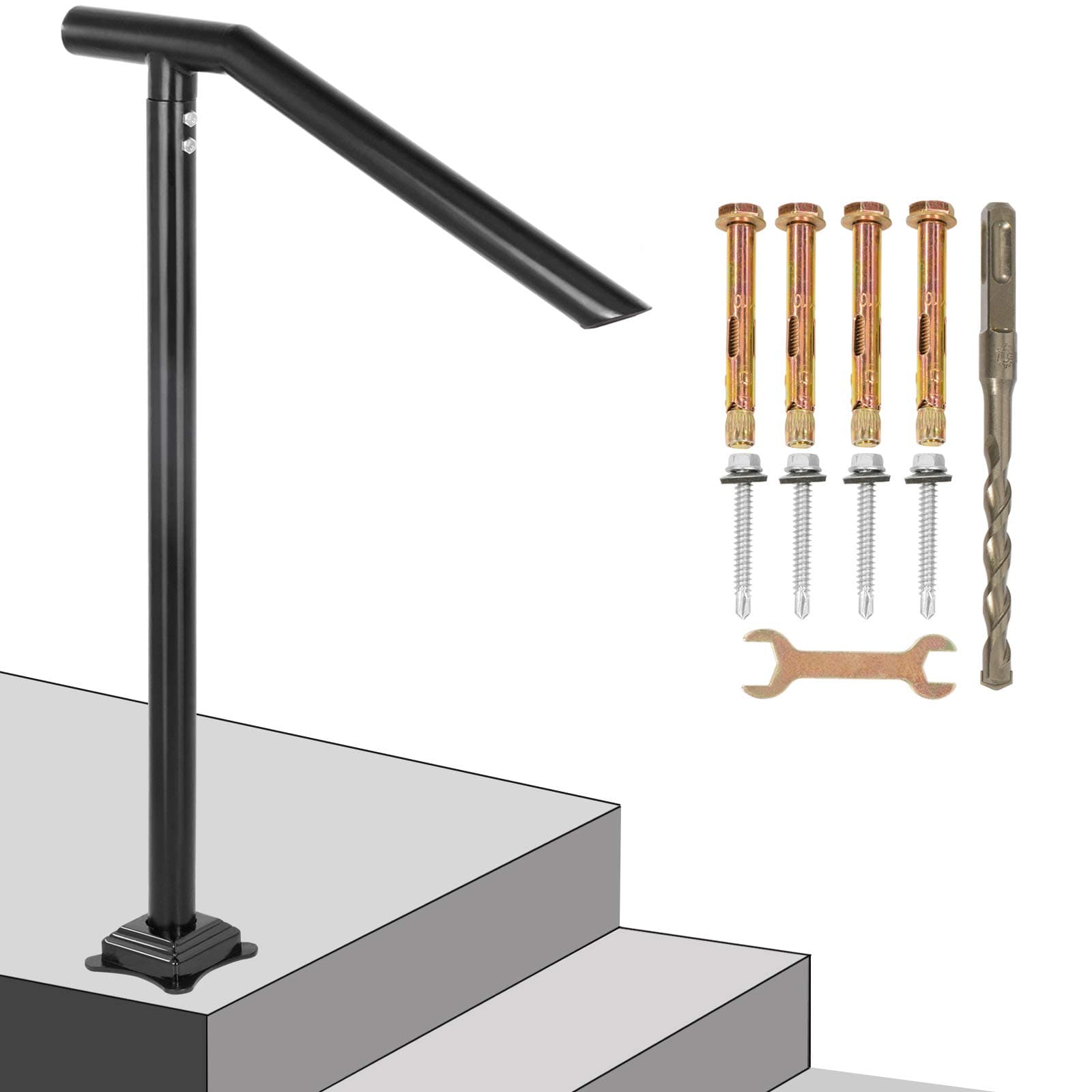 Happybuy 1-3 Step Steel Handrail, Black Varnished Stylish Handrails for Outdoor Steps, 330LBS Capacity