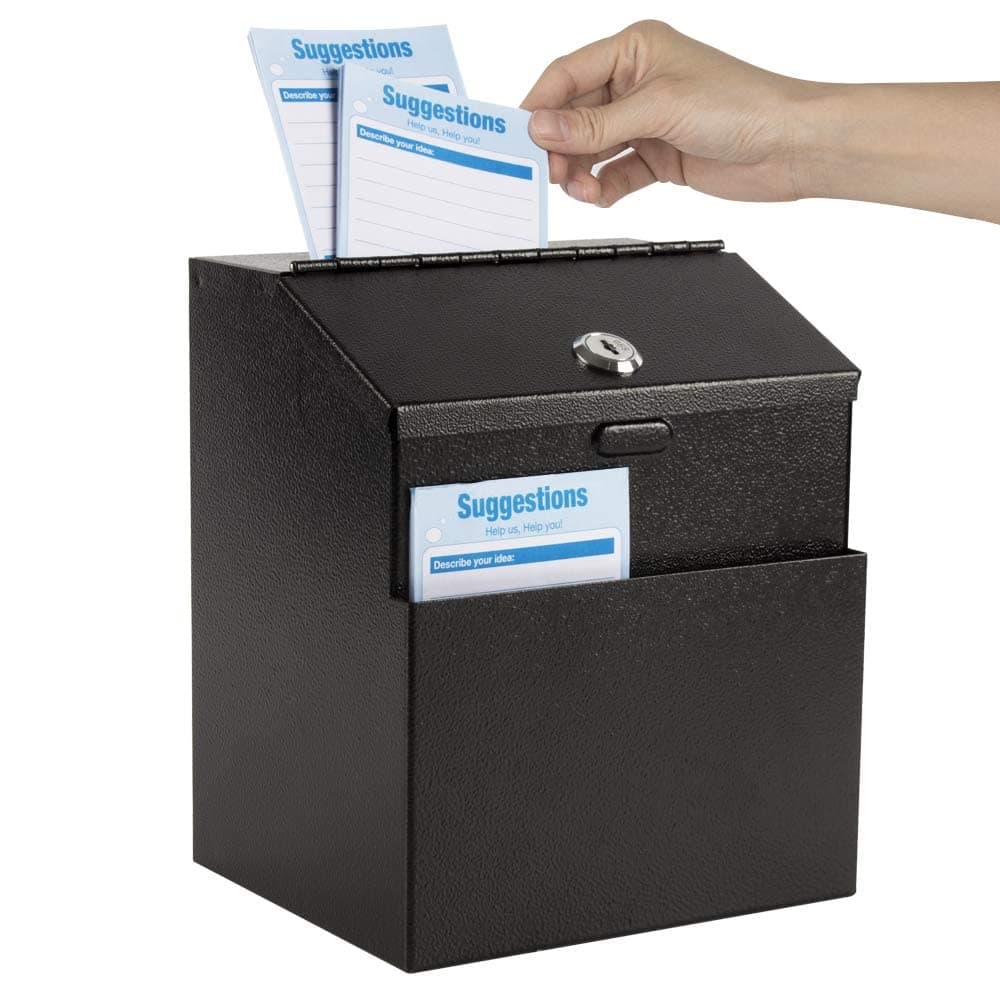 KYODOLED Suggestion Box with Lock and 50 Free Suggestion Cards, Metal Wall Mounted Ballot, Donation and Collection Key Drop Box with Slot & 2 Keys, 8H x 5.7W x 7L Inch, Black