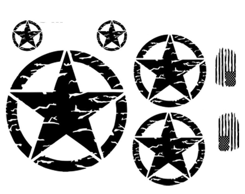 G0004 - Distressed Hood Military Star Decal KIT - Custom Designed for use on - Jeep Wrangler Roxor Cherokee Compass Patriot & More (Black)