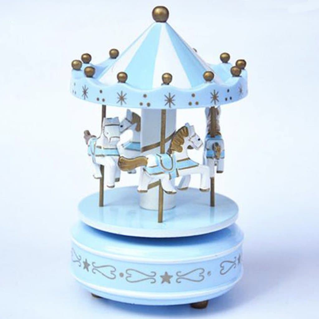 XuanMax Wooden Carousel Music Box 4-horse Merry-Go-Round Toy with Castle in the Sky Melody for Christmas Birthday Valentine's Day - Sky Blue