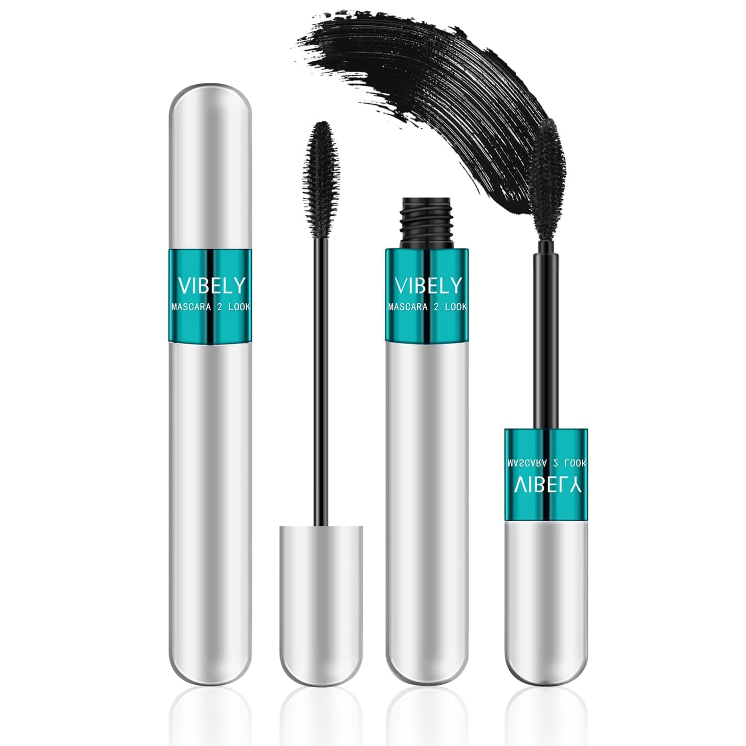 2 in 1 Vibely Mascara 5x Longer Waterproof Lash Cosmetics Natural Lengthening and Thickening Effect No Clumping Superstrong Magic 4d Silk Fiber Mascara Makeup, Black