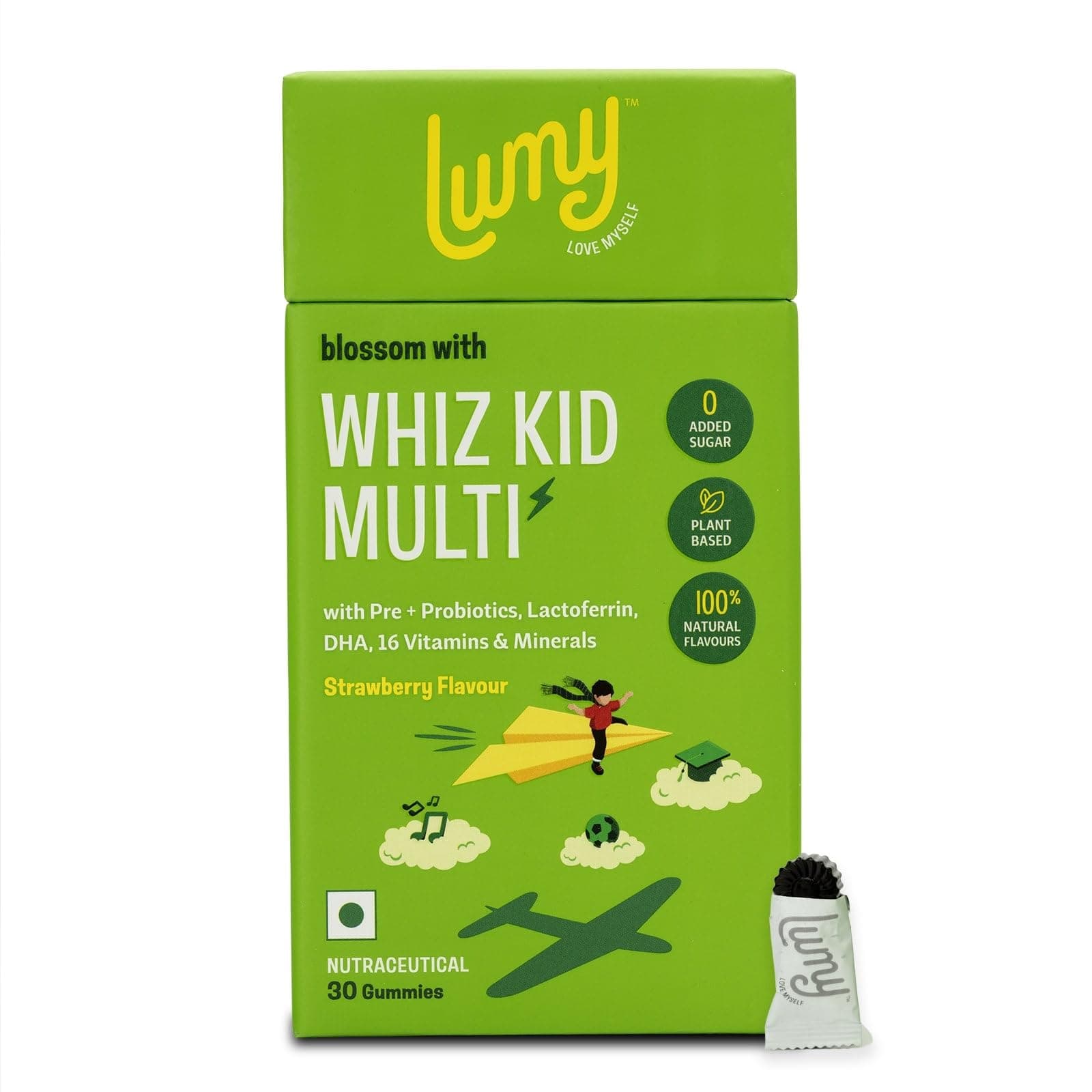 LUMY MultiVitamin Gummies For Kids: Pre+Probiotic, DHA For Happy Gut, Bright Brains|30 Gummies|Plant Vit D3 & Lactoferrin|Vit A,B,C, Zinc For Immunity, Vision & Bone Health | Veg | Age 7-15