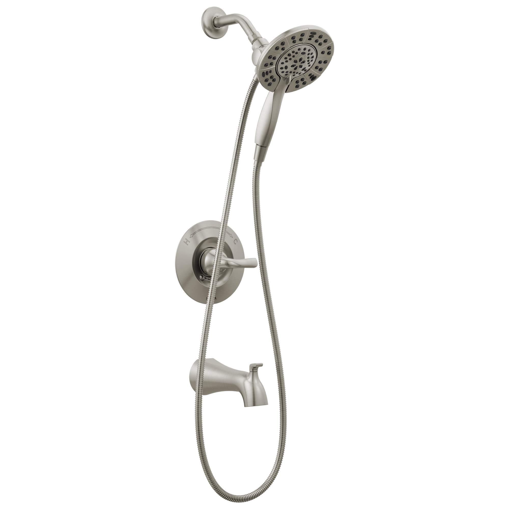 Delta Arvo 14 Series Brushed Nickel Bathtub Shower Faucet Set with In2ition 2-in-1 Dual Shower Head with Handheld Spray Combo, Valve Trim Kit, Spotshield Stainless 144840-SP-I (Valve Included)