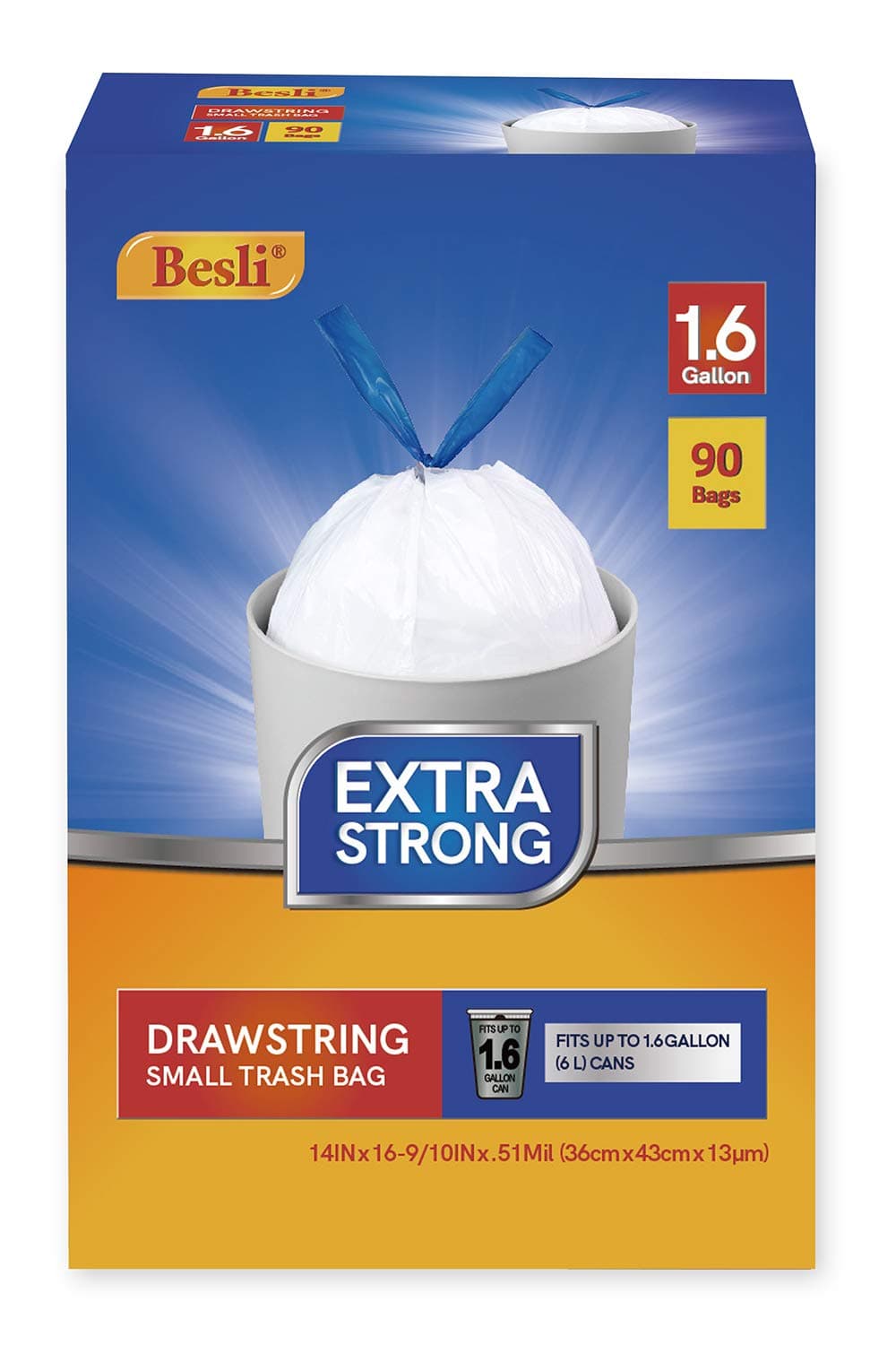 1.6 Gallons DrawString Strong Trash Bag Garbage Bag (90 Bags, White)