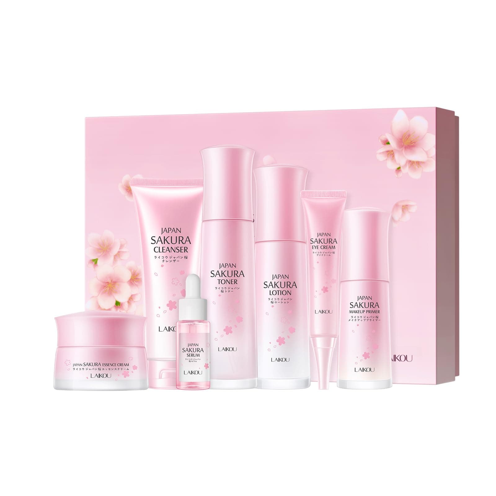 Sakura Skincare Set, Skincare Gift Set, with Cleanser, Toner, Lotion, Serum, Eye Cream, Face Cream, Makeup Primer, for Women Teenage Girls Mom Daughter Birthday Gift