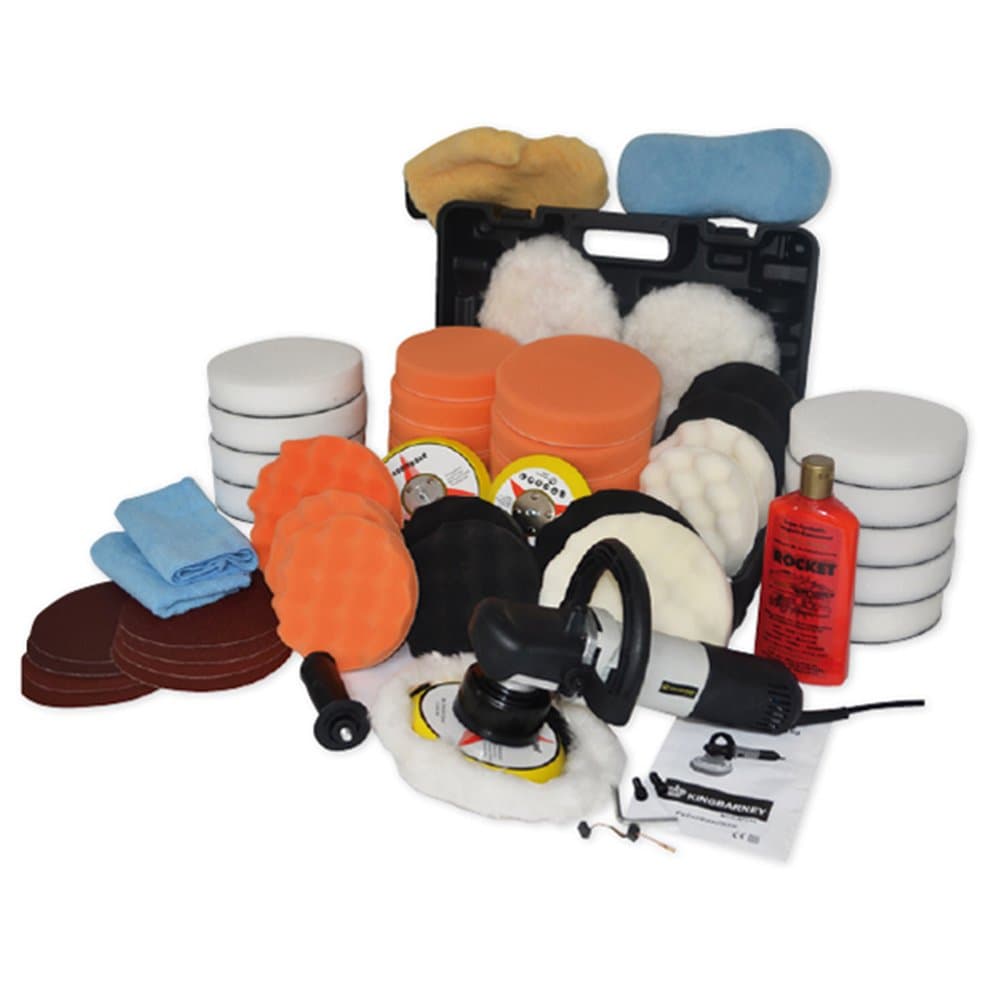Car Polisher Kit/Buffer/Sander (UK Plug) 710 Watt Set 5 - high Quality polishing Machine with Carry case - Orbital Movement - Dual Action - 48 pcs. Accessories - Many sponges, Pads, Polisher Heads