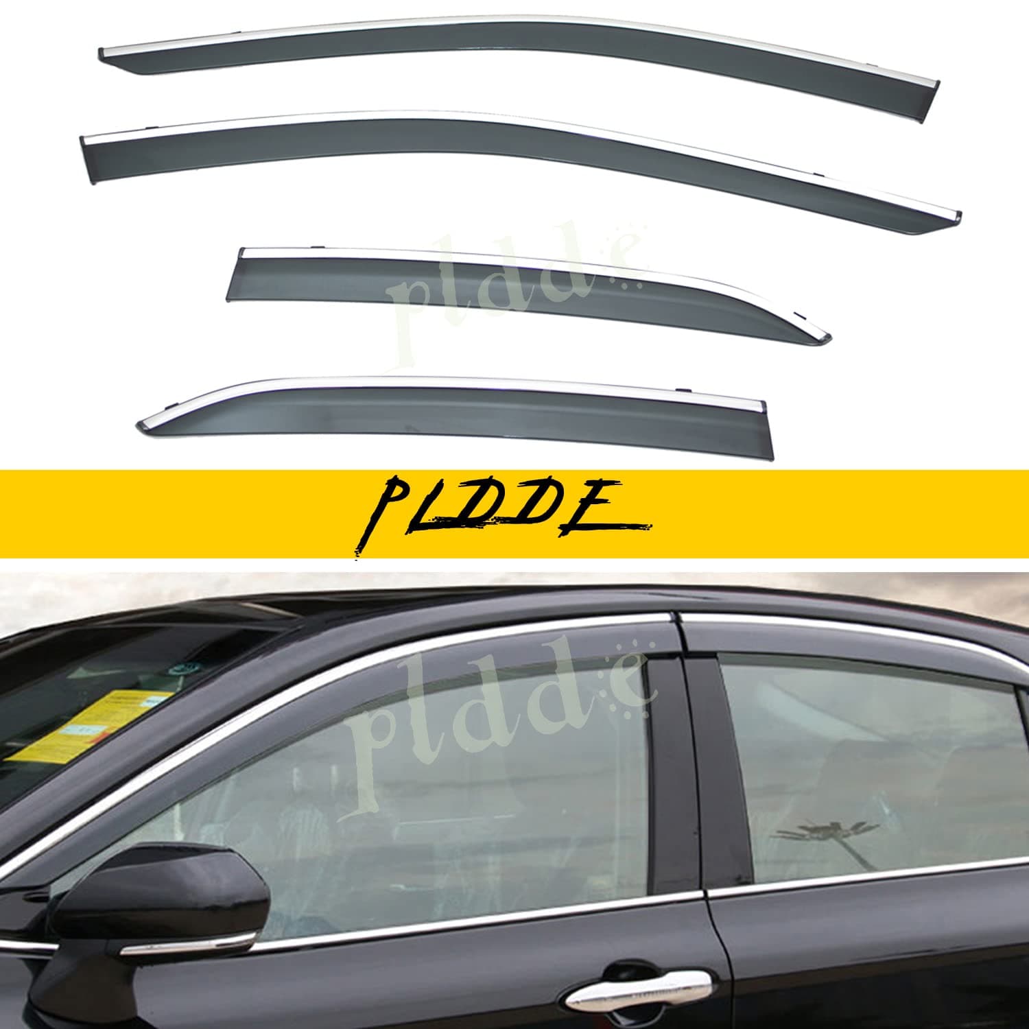 PLDDE4pcs Smoke Tint With Chrome Trim Outside Mount Tape On/Clip On Style PVC Sun Rain Guard Vent Shade Window Visors Fit 18+ Toyota Camry