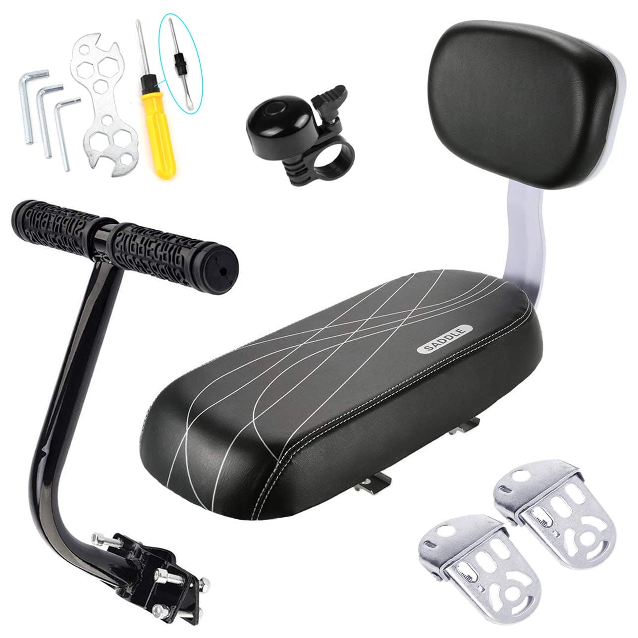 Bike Child Seat Kit, Included Bike Rear Seat Cushion with Safety Cycling Backrest + Backseat Armrest Handrail + Foldable Hidden Bicycle Footrests + Universal Handlebar Bell + Installing Tools