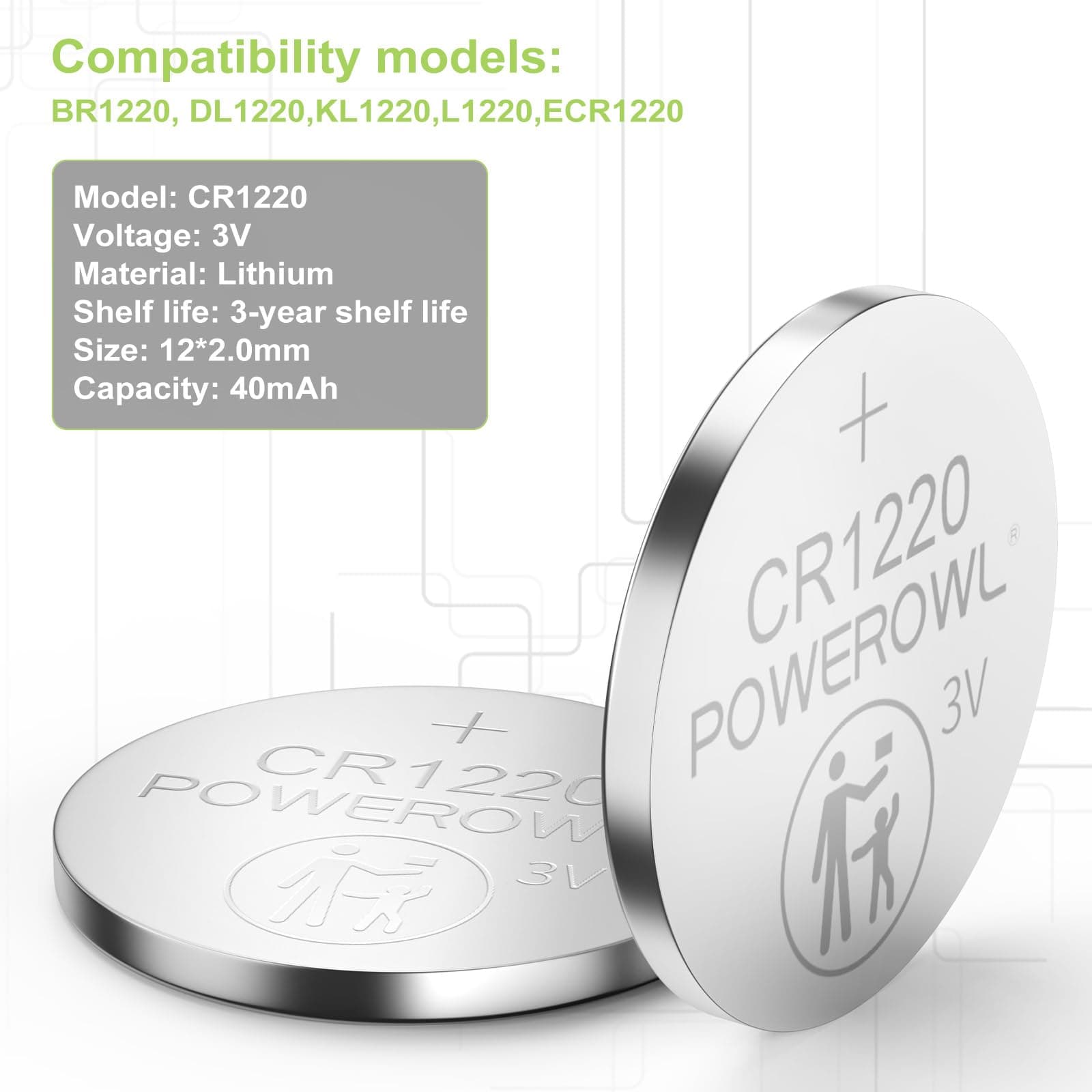 POWEROWL High Capacity CR1220 Battery (15-Pack) 3v Lithium Batteries, 10 Years Leak-Free