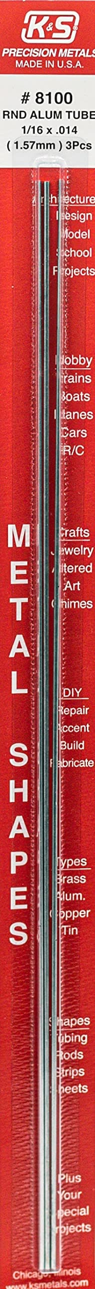 K&S K & S Precision Metals 8100 Round Aluminum Tube, 1/16" OD x 0.014" Wall x 12" Long, 3 Pieces, Made in The USA