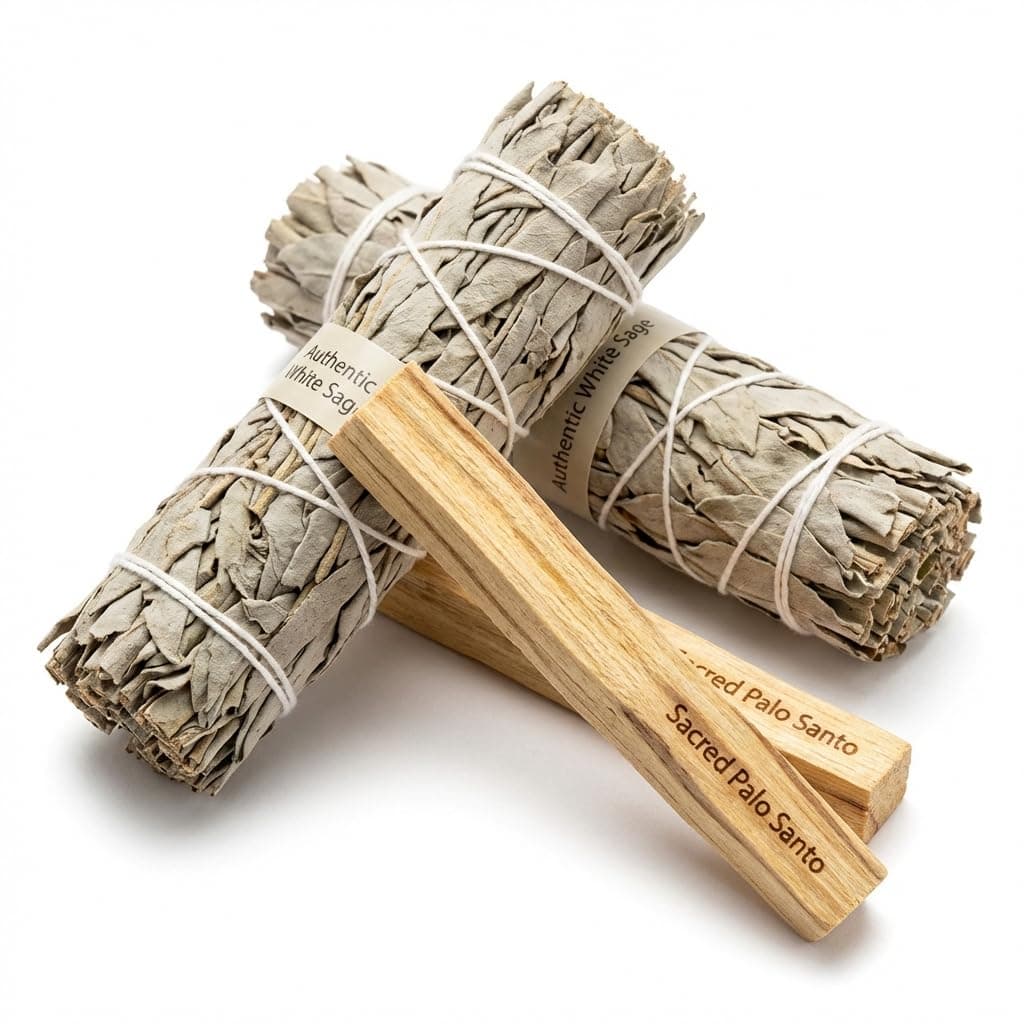 New Age Smudges and Herbs Smudge Kit - 2 California White Sage Smudge Stick for Cleansing (Salvia Apiana) with 2 Palo Santo Incense Sticks (Holy Wood) - Sage Bundles …