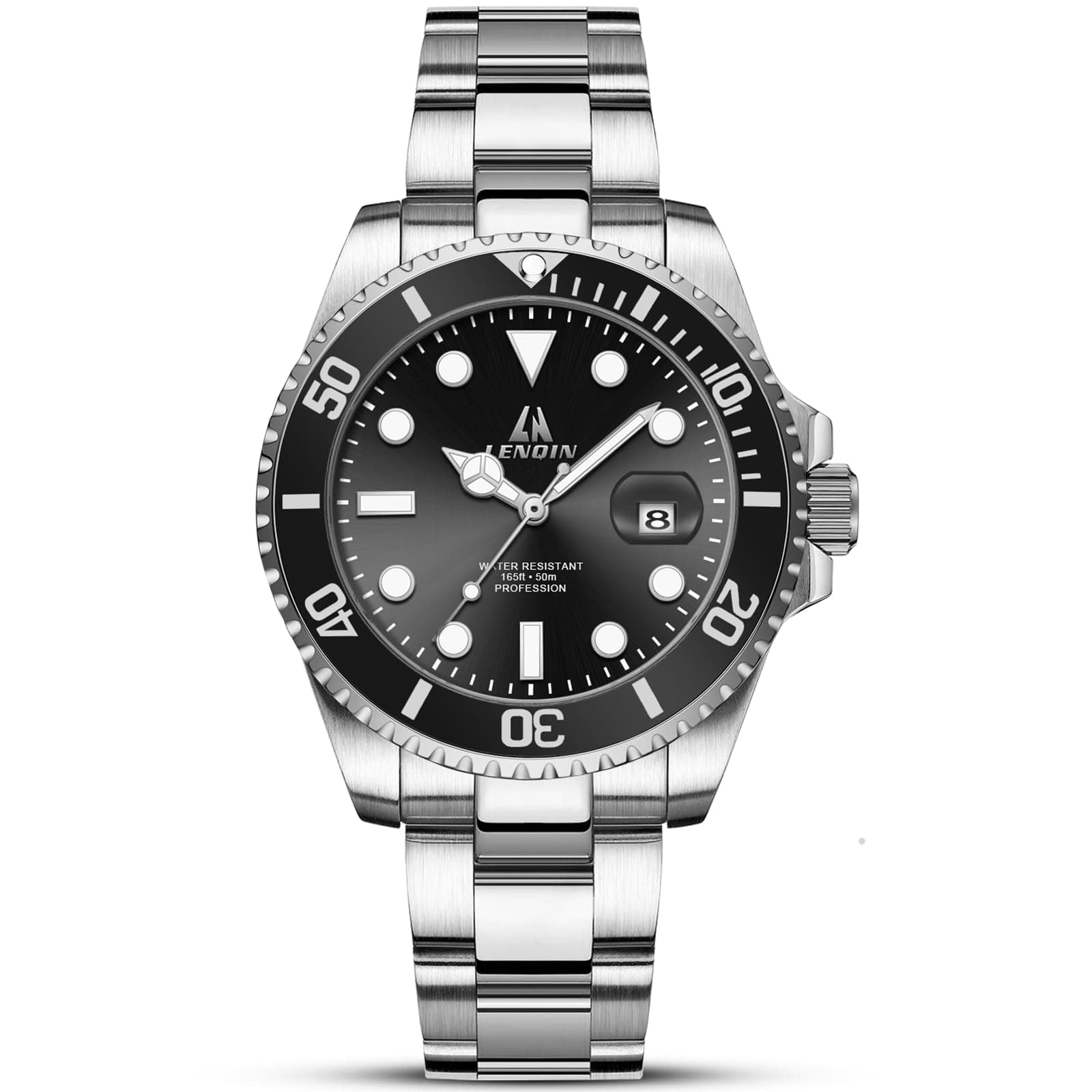 LN LENQIN Mens Watches Stainless Steel Waterproof Analog Quartz Watch for Men with Date Luminous Fashion Wristwatch, A2-0341A-Silver Black, 0341A-Silver Black