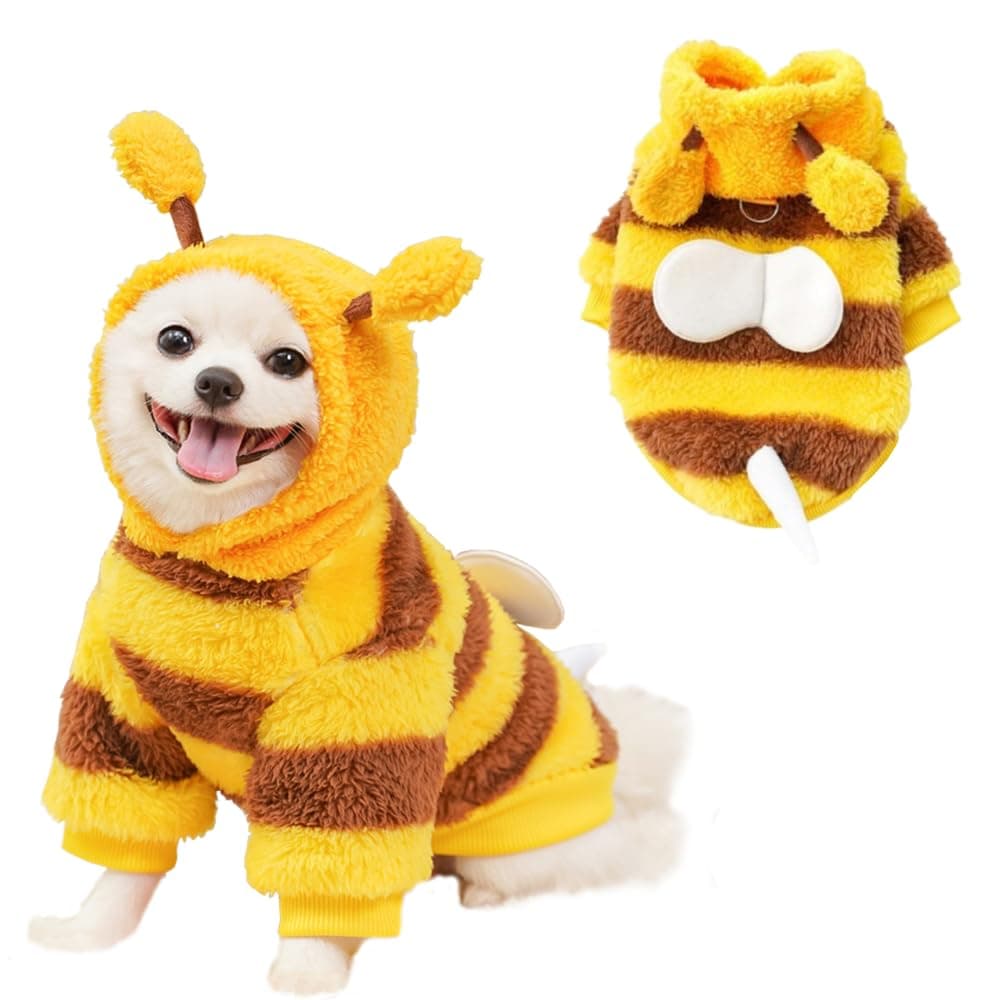 ANIAC Fleece Dog Hoodies with D-Ring Autumn Winter Puppy Clothes for Small Dogs Bumblebee Cat Apparel Cold Weather Coat Funny Dog Bee Costume for Christmas Halloween (Yellow, Small)