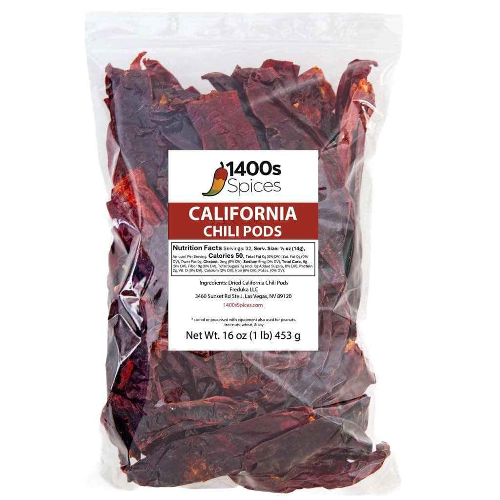 1lb California Dried Whole Chilies Peppers, Anaheim Chile Seco Pods for Authentic Mexican Food, Heat-Sealed Resealable Bag by 1400s Spices