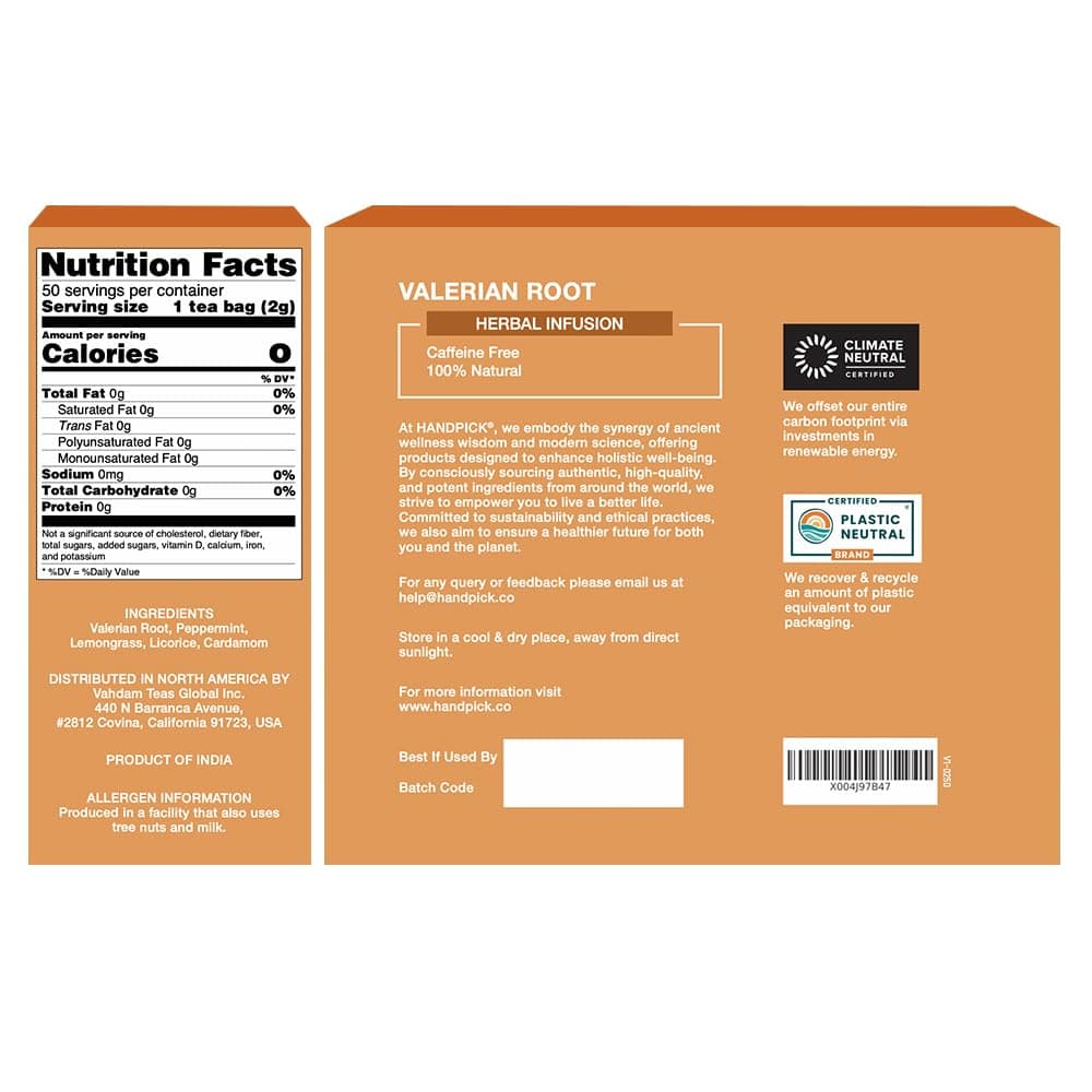 HANDPICK, Valerian Root Tea Bags (Valeriana) 50 Count | Non-GMO, Caffeine Free, Real Ingredients | Earthy/Woody Herbal Tea Bags | Round Eco-conscious Teabags