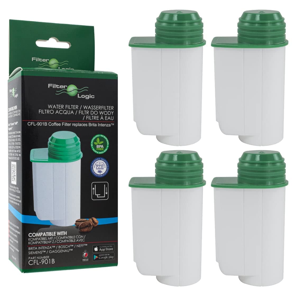 FilterLogic CFL-901B | 4 Pack - Water Filter Compatible with Siemens EQ Series EQ.3 EQ.300 EQ.5 EQ500 EQ.6 EQ.9 - Bosch Verocup Verobar Coffee Machine Replaces Brita Intenza TZ70003 TZ70033A TCZ7003
