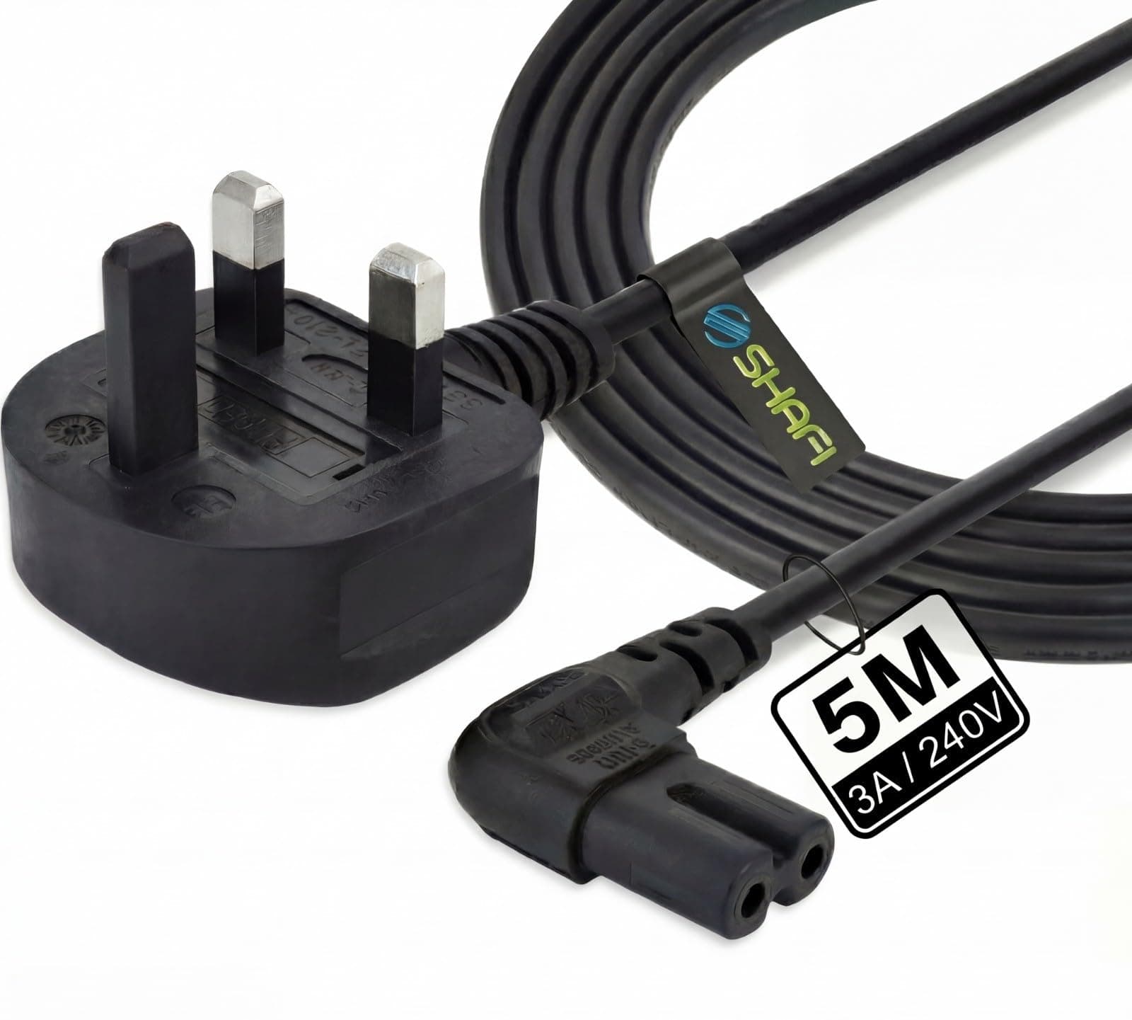 SHAFI Figure 8 Power Lead 5M - 2-Pin 90 Degree Angle IEC C7 Universal UK Plug Power Cable - Compatible with PS5, Xbox Series X, Smart LED TV, Samsung, LG, Sony TVs