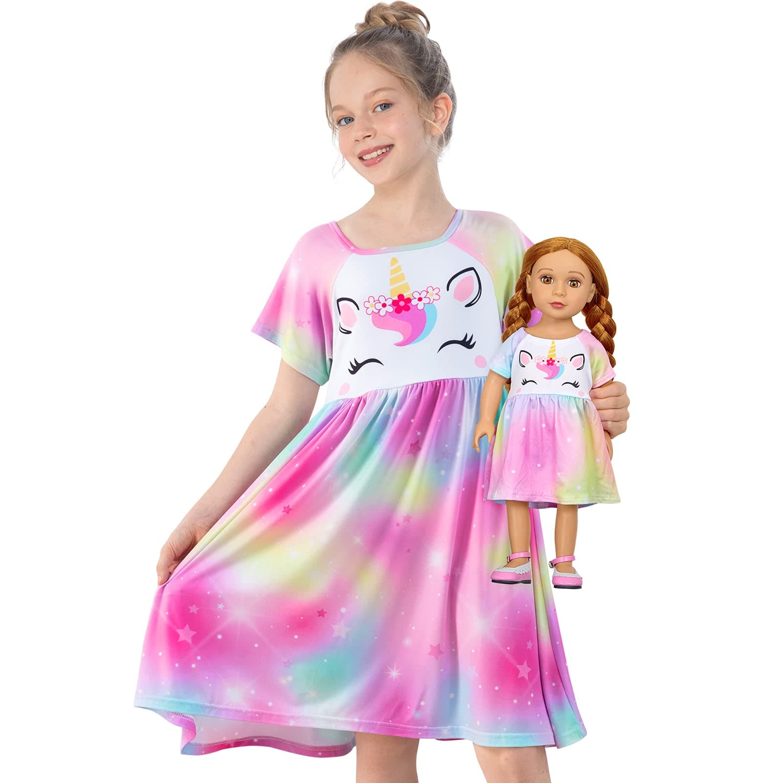 Play Tailor Doll and Girl Matching Nightgown Unicorn Outfit Pajamas Night Dress for Girls and 18" Dolls Clothes