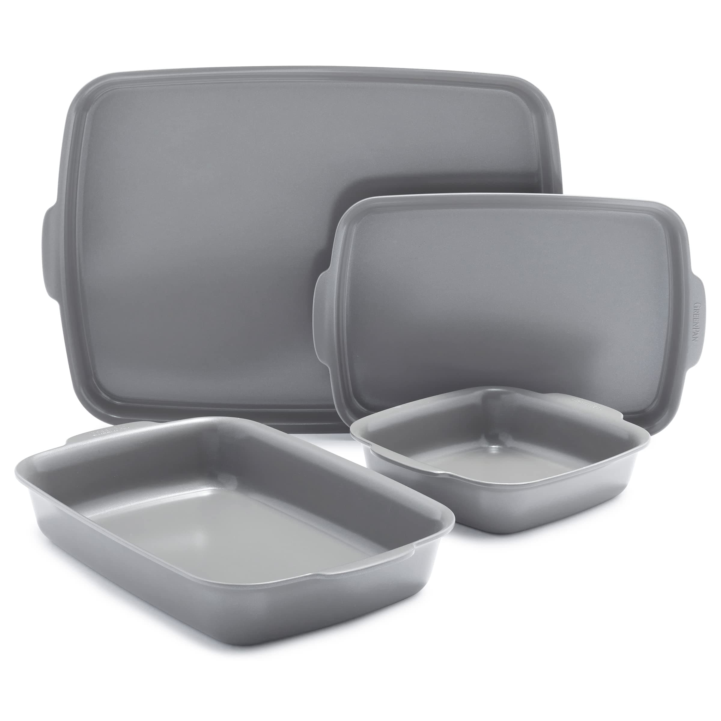 GreenPan Premiere Ovenware Healthy Ceramic Nonstick 4 Piece Bakeware Set, PFAS-Free, Rectangular, Square, Quarter, Half Sheet Baking Pans, Warp-Free, Oven Safe to 600F, Dishwasher Safe, Gray