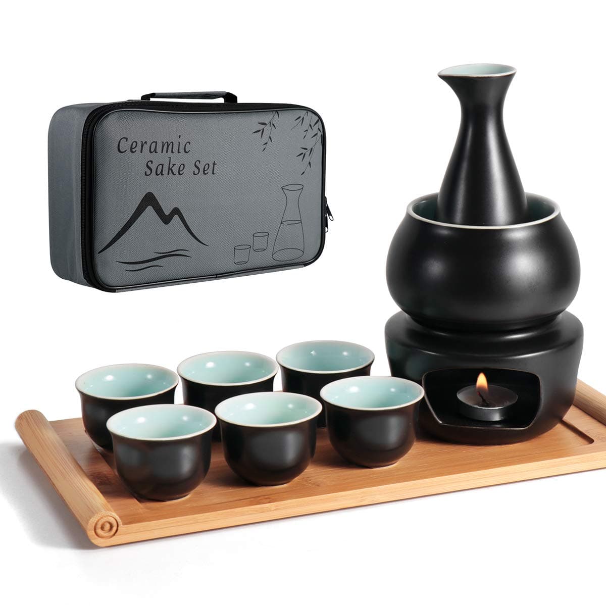 Ceramic Sake Set + Warmer Pot Bamboo Tray, Stovetop Safe Traditional Japanese Pottery Hot Saki Drink, 10-Piece Include 1 Stove 1 Warming Bowl 1 Sake Bottle 1 Tray 6 Cup + Sake Storage Gift Box (Black)