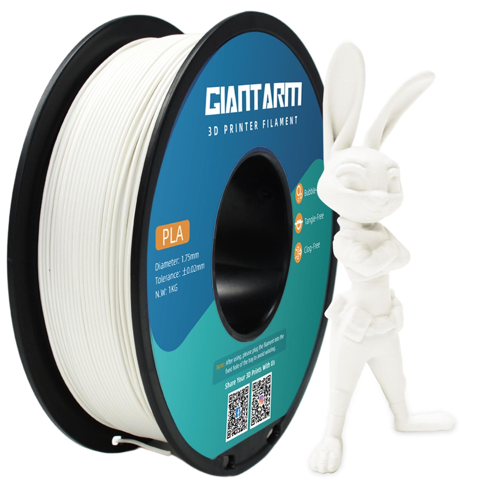 PLA Filament 1.75mm, GIANTARM Classic PLA 3D Printer Filament 1kg Spool White…