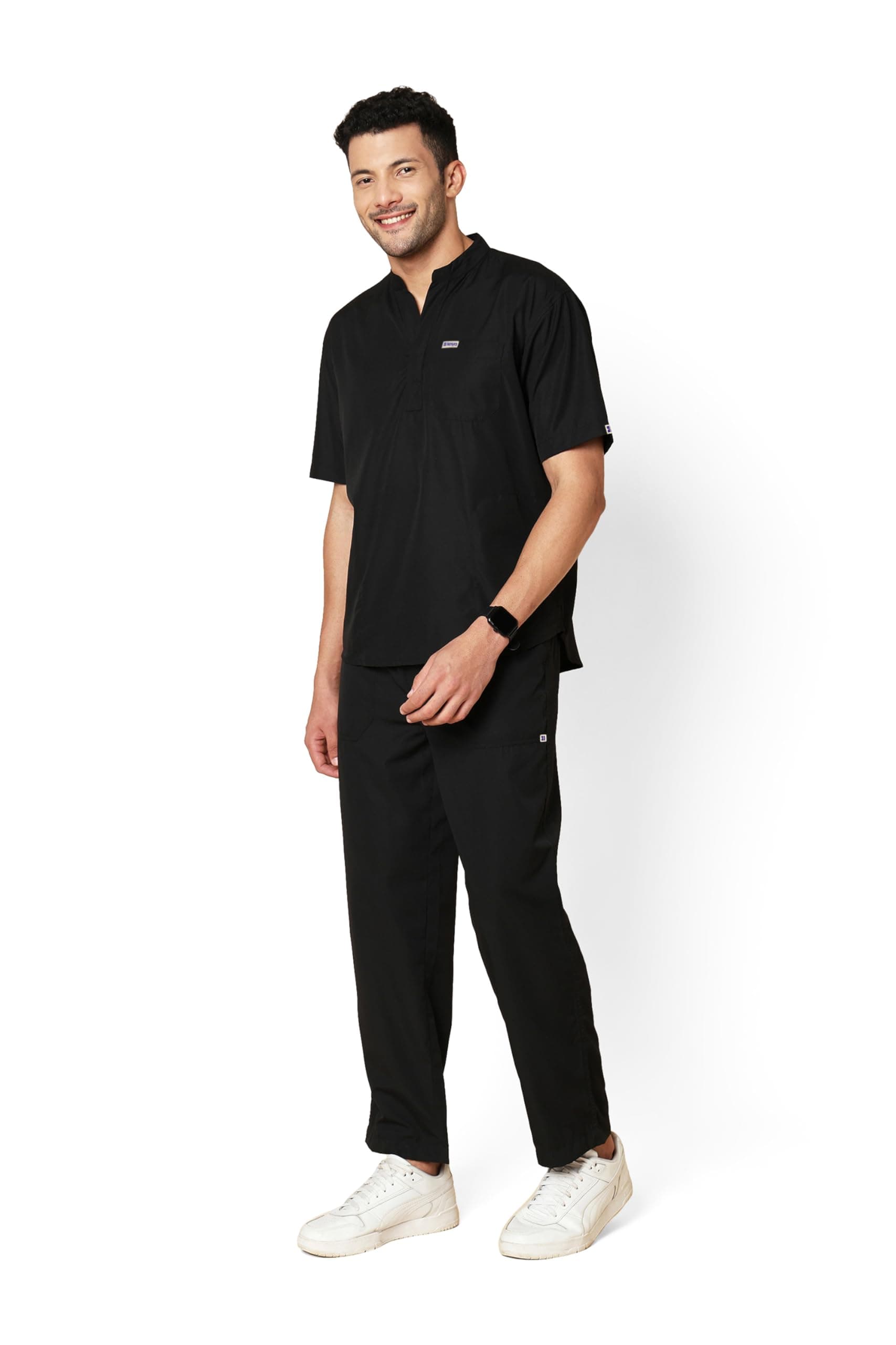 - Knya Classic Men's 5-Pocket Mandarin Collar Scrub Suit| Regular fit | Short Sleeves | For Doctors | (XL, BLACK)
