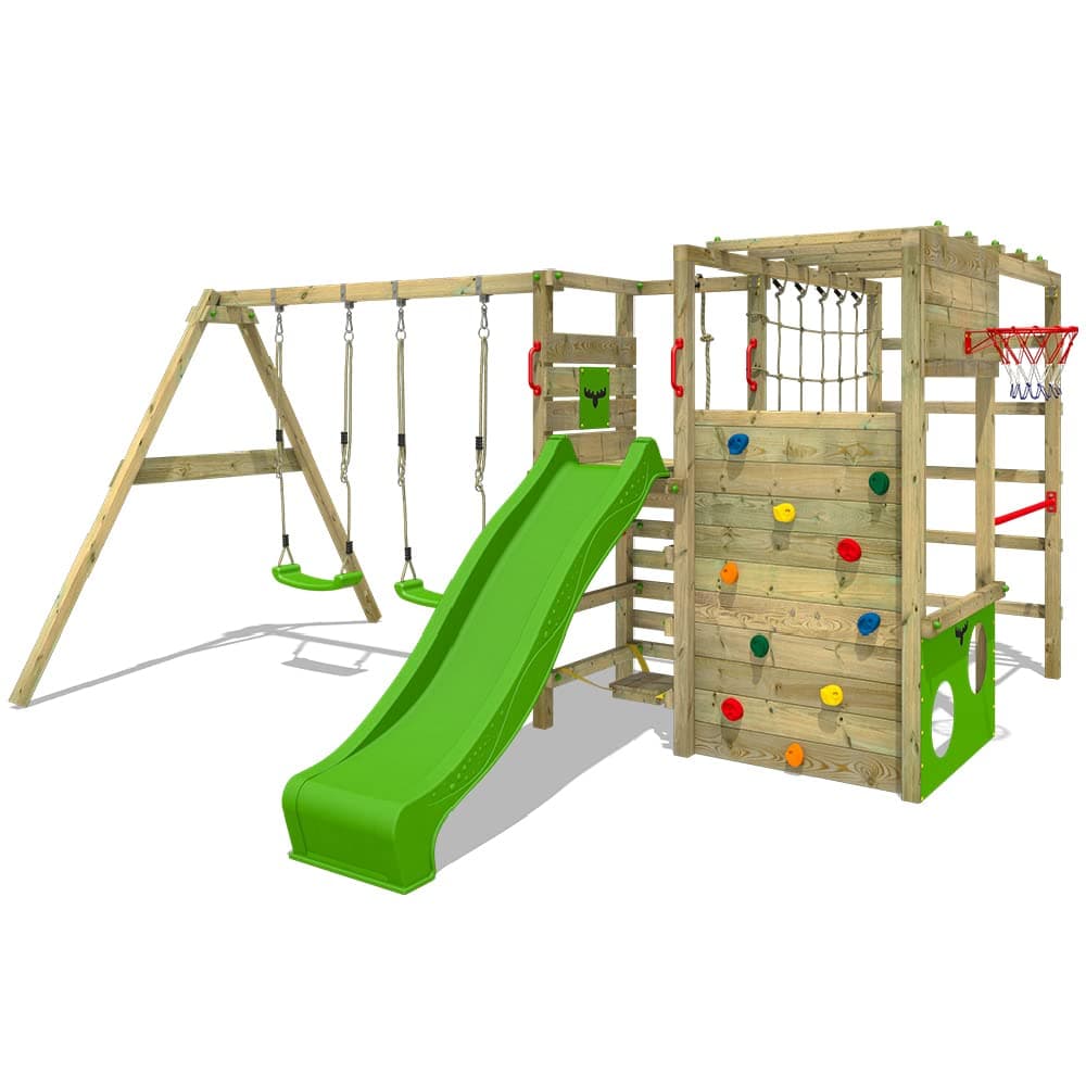 FATMOOSE Wooden climbing frame ActionArena Air XXL with swing set & apple green slide, Outdoor kids playhouse with sandpit, climbing ladder & play-accessories for the garden