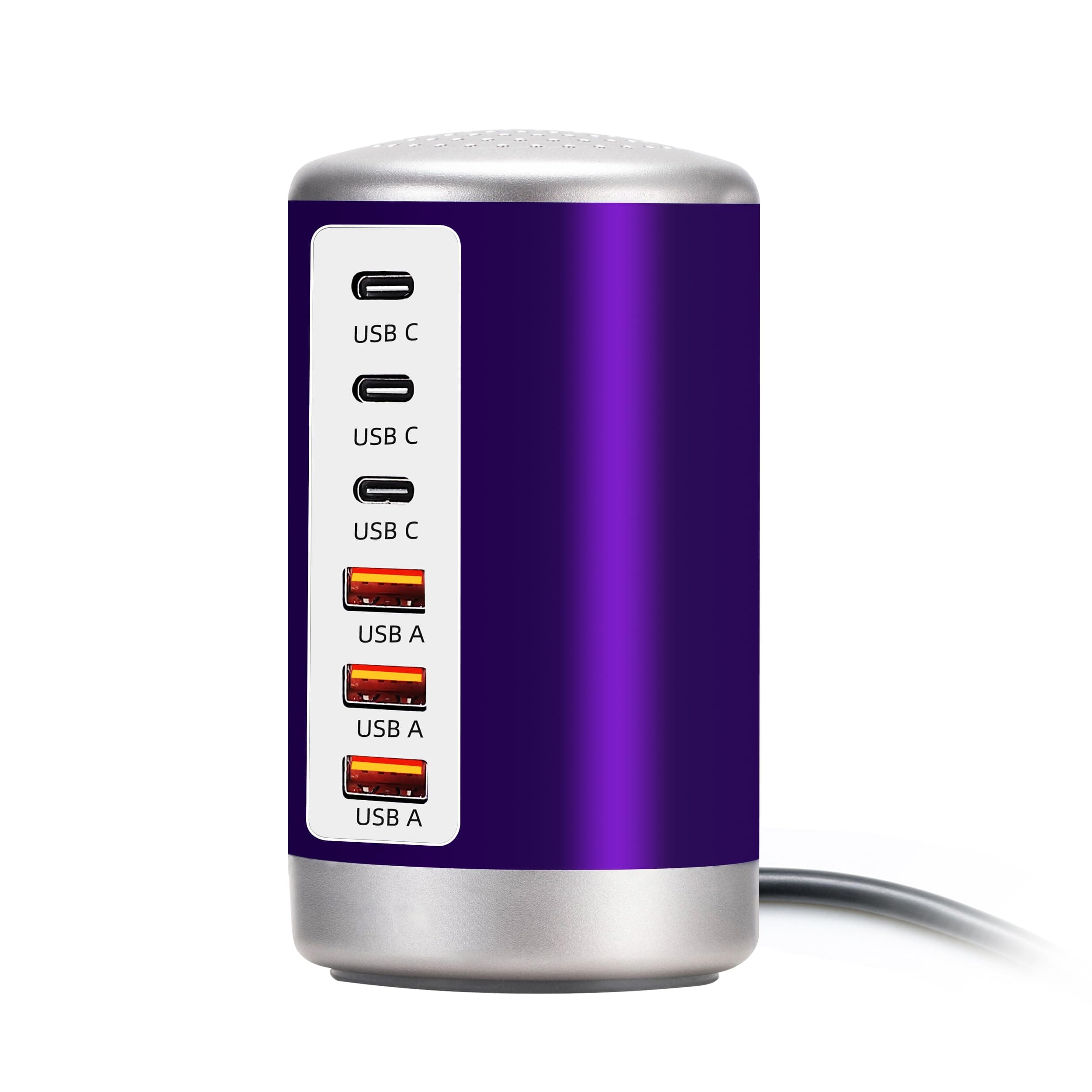 60W USB Charging Station with 6-Port (3 USB-A & 3 USB-C) for iPhone 12/13/14, Tablets & Smartphones - Purple