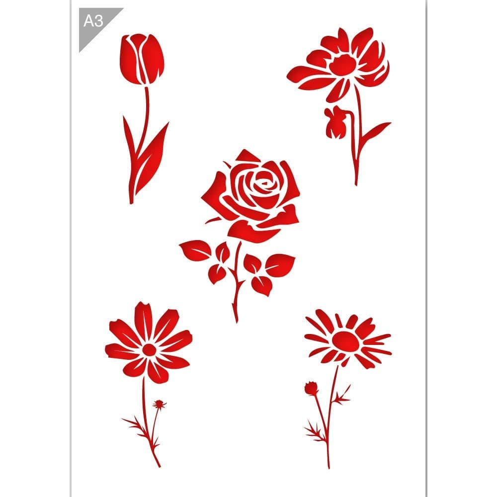 QBIX Flowers Stencil - Tulip Stencil - Rose Stencil - Daisy Stencil - A3 Size - Reusable Kids Friendly DIY Stencil for Painting, Baking, Crafts, Wall, Furniture