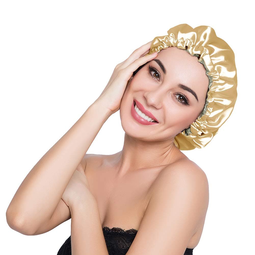 ELIHAIR Stain Bonnet Silky Sleep Cap Adjustable Satin Cap for Night Sleeping Hair Bonnet Reversible Double Layer Gold/Lime