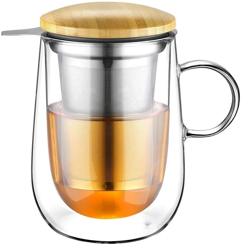 glastal 430 ml Double Wall Glass Tea Cup with Stainless Steel Infuser Teacup Borosilicate Heat Resistant Glass Tea Cup with Handle for Tea Milk Juice Ice Cream in Home or Office