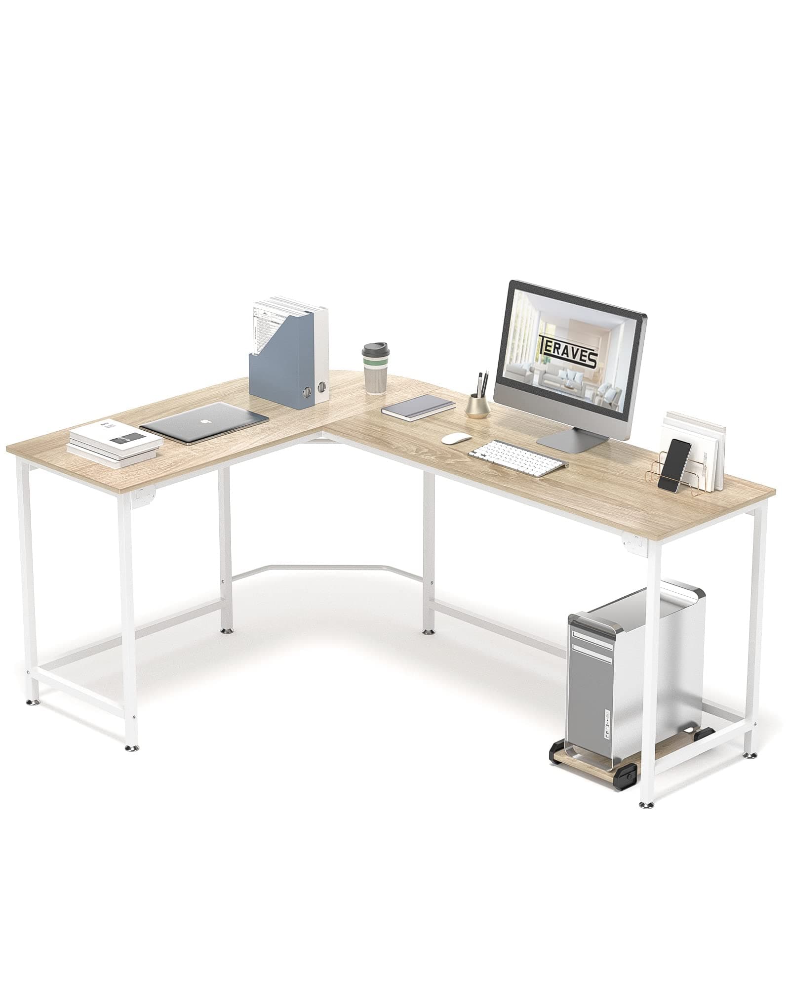 Teraves Modern L-Shaped Desk 66'' Corner Computer Desk Home Office Study Workstation Wood & Steel PC Laptop Gaming Table