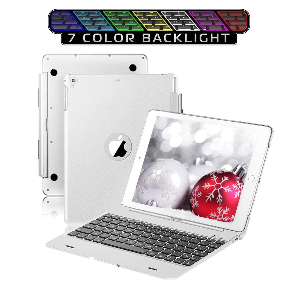 New Keyboard fit for ipad 9.7/ipad Air Keyboard Case, 7 Color Backlight Detachable Keyboard Folio Wireless Stand Keyboard Cover for ipad 5/6,Smart Automatic Sleep/weak for iPad Pro 9.7(Silver