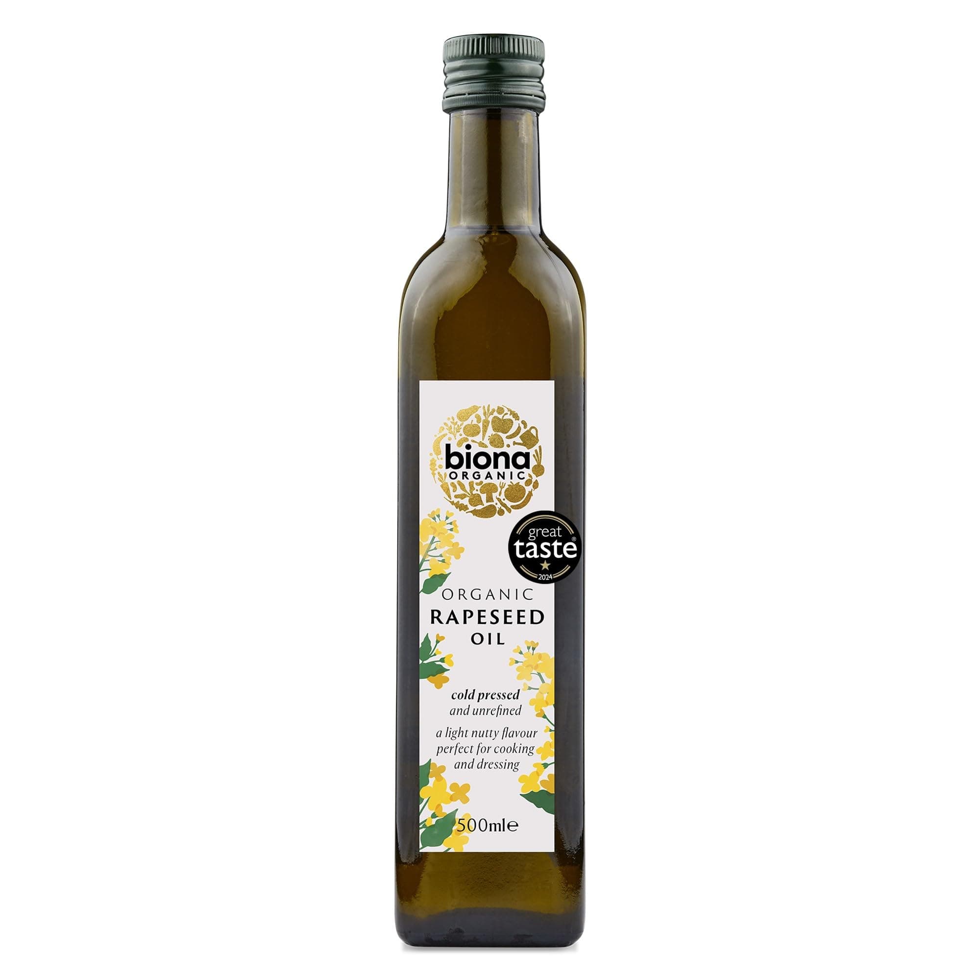 Organic Cold Pressed Rapeseed Oil 500ml - Great Taste Award 2024 Winner - Unrefined, Light Nutty Flavour - Low in Saturated Fat - Ideal for Cooking, Roasting & Salad Dressings - Vegan