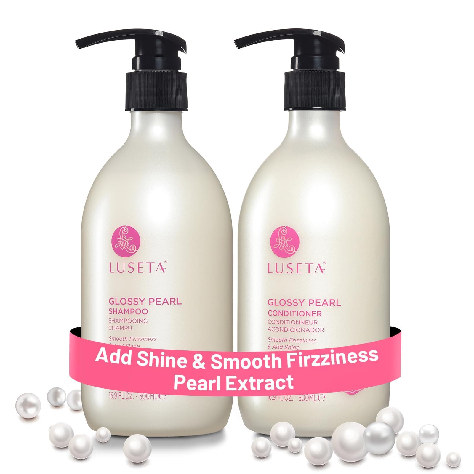 Luseta Glossy Pearl Shampoo and Conditioner Set Smooth & Moisturize, Fight Frizziness and Add Shine,Hydrating for Damaged Hair, Detangle,Nourish Strands,Paraben Free, Sulfate Free,16.9oz