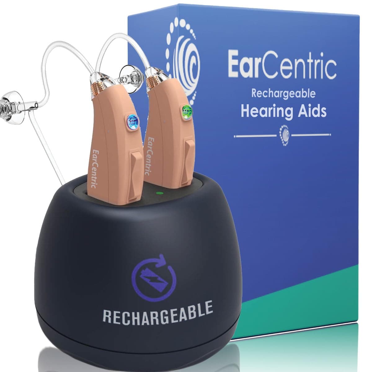 Ear Centric EarCentric EasyCharge Rechargeable Hearing Aids (Pair) for Seniors, Behind-The-Ear BTE Ear Aid PSAP digital Personal sound amplification products devices with Noise Cancellation (Beige)