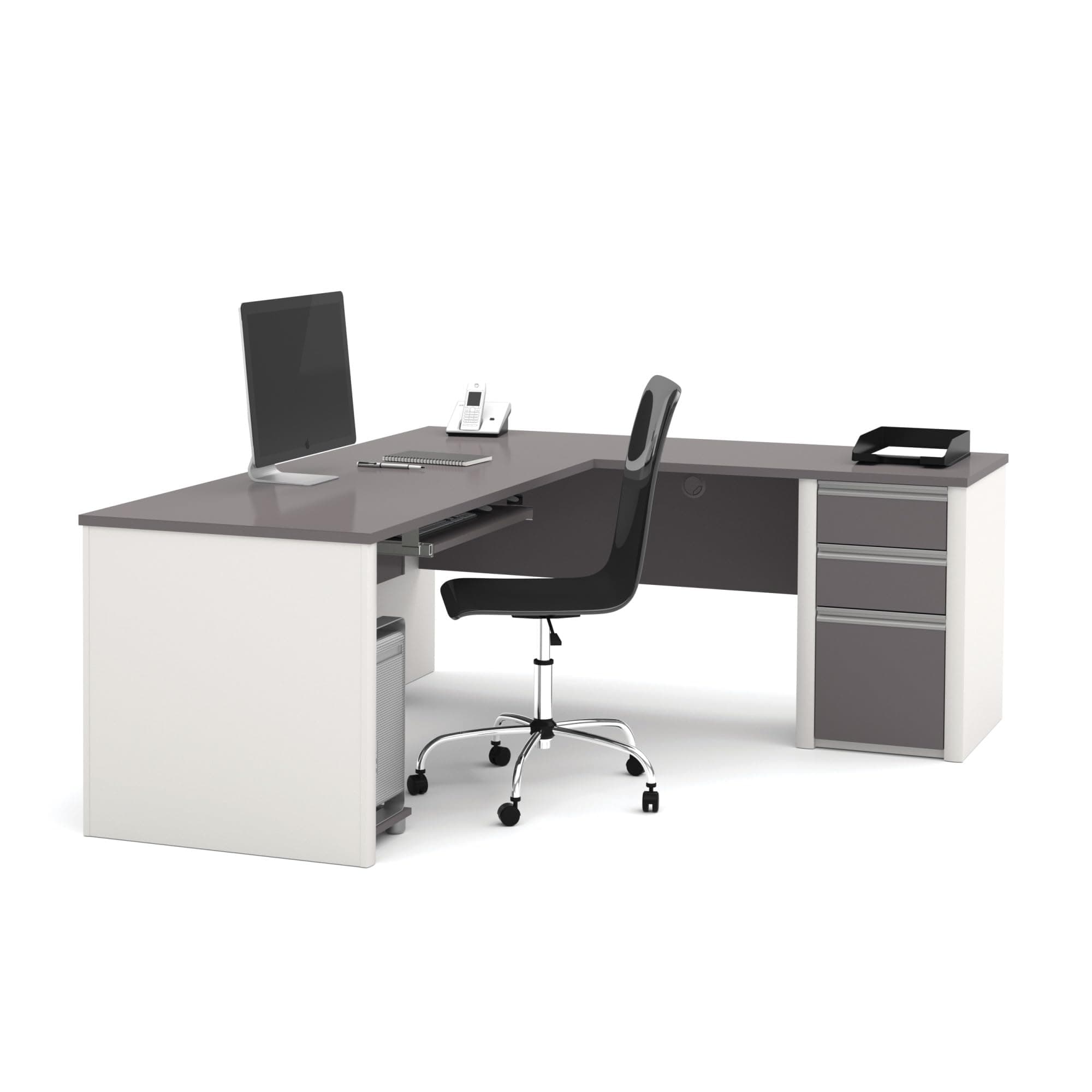 BestarConnexion L Shaped Desk with Three Drawers in Slate and Sandstone | Large Corner Table for Home Office Workspace or Personal Work Area