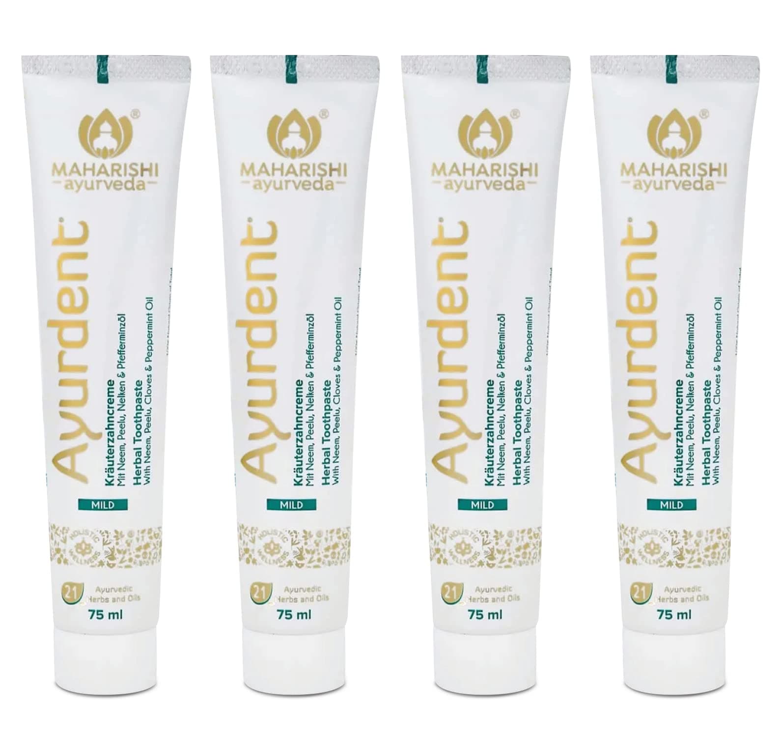 Ayurdent Mild Herbal Ayurvedic Toothpaste - All Natural | 21 Ayurvedic herbs| Whitens & Strengthens Teeth | Helps fight Plaque, Tartar, Cavity, & Bad Breath| 75 ML Pack of 4