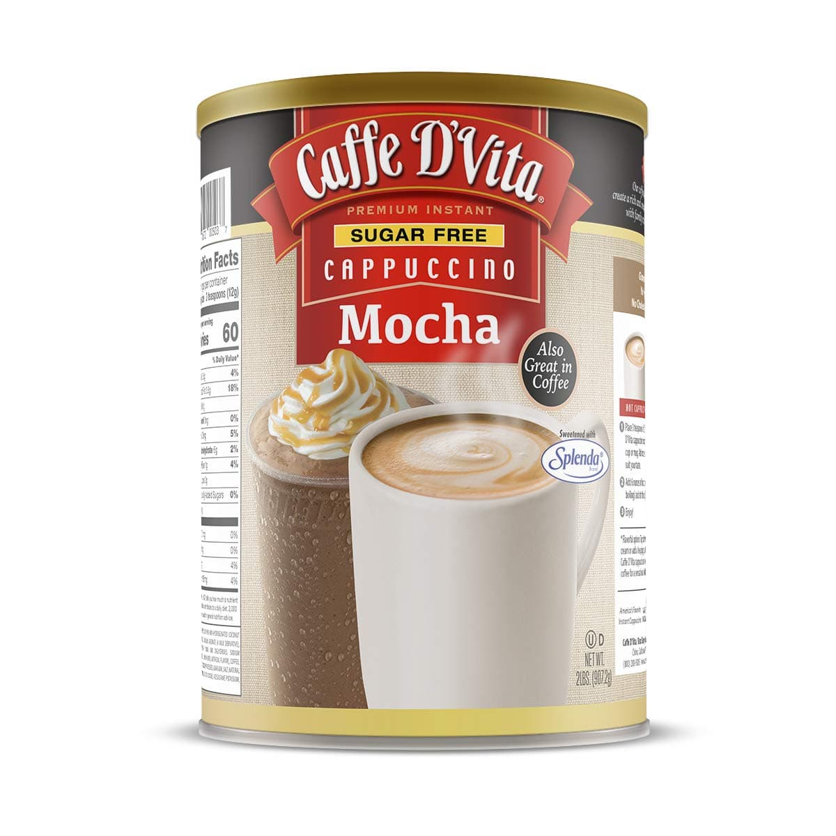 Caffe D’Vita Sugar Free Mocha Cappuccino Mix - Gluten Free, No Cholesterol, No Hydrogenated Oils, No Trans Fat, 99% Caffeine Free, Sugar Free Mocha Powder - 2 Lb Can